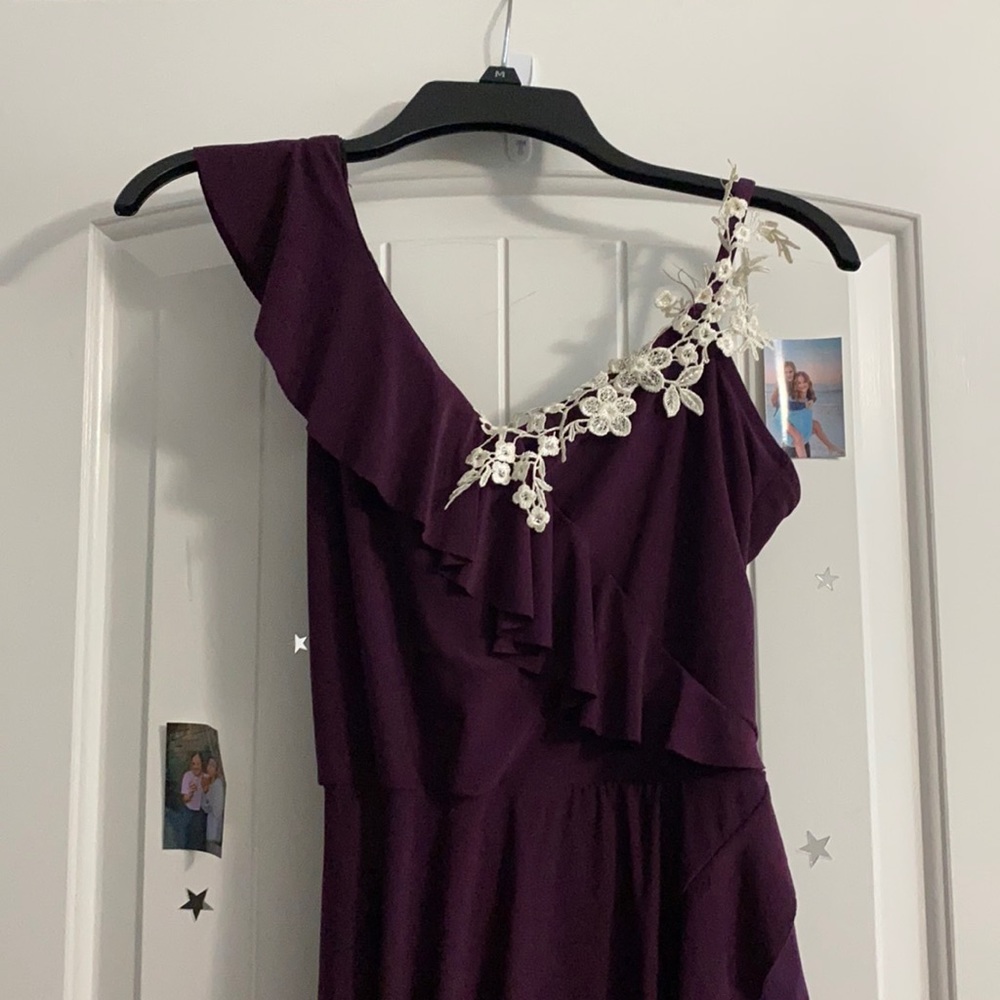 dance costume, long dress, leg slit ruffles purple